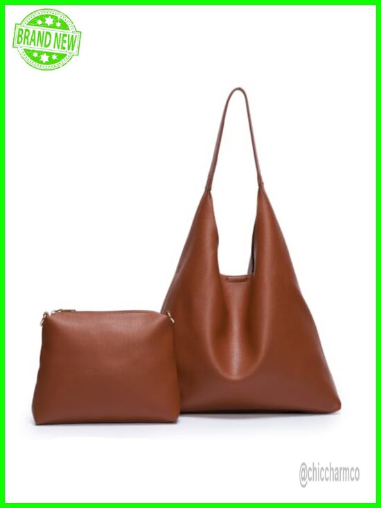 Handbags - 2-Piece Hobo Bag Set, Large Soft Vegan Leather Slouchy Tote with Pouch